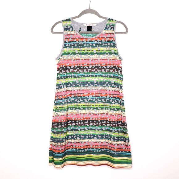 DESIGUAL Phoenix Shift Mini Dress Sleeveless Laser Cut Striped Rainbow Women's M - Picture 1 of 14